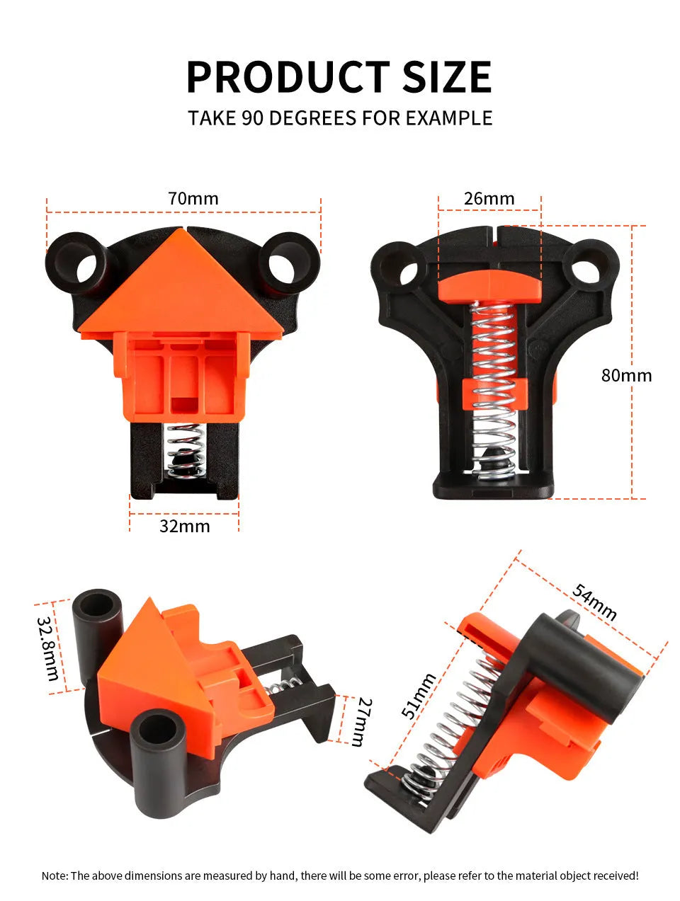 Four plastic 90-degree right angle clamps for woodworking and picture frame assembly