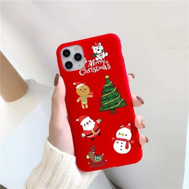 Christmas red frosted TPU phone case with cartoon animal and floral design for iPhone
