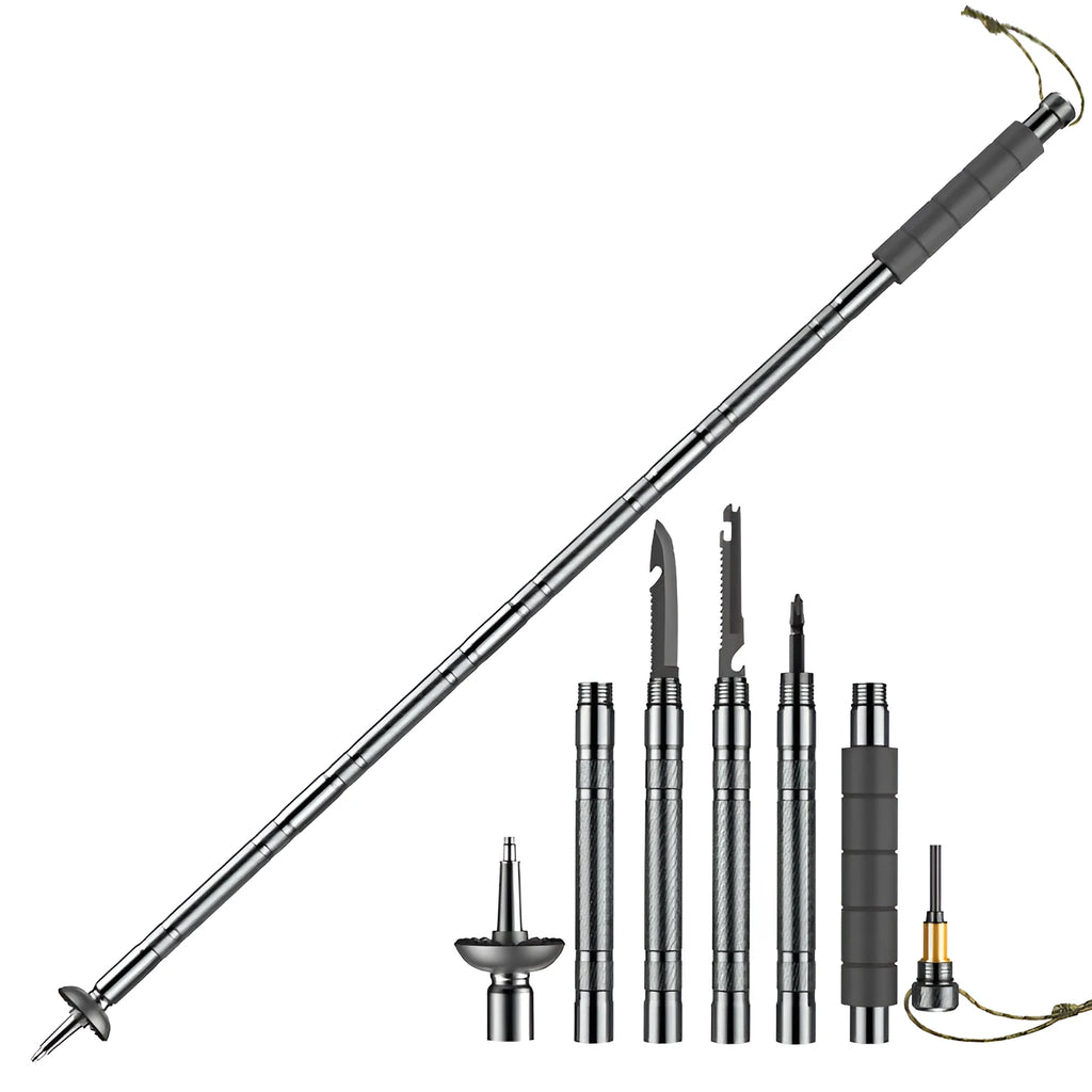 Dark grey aluminium alloy trekking pole with tactical knife and multi-tool accessories, adjustable from 106cm to 125cm