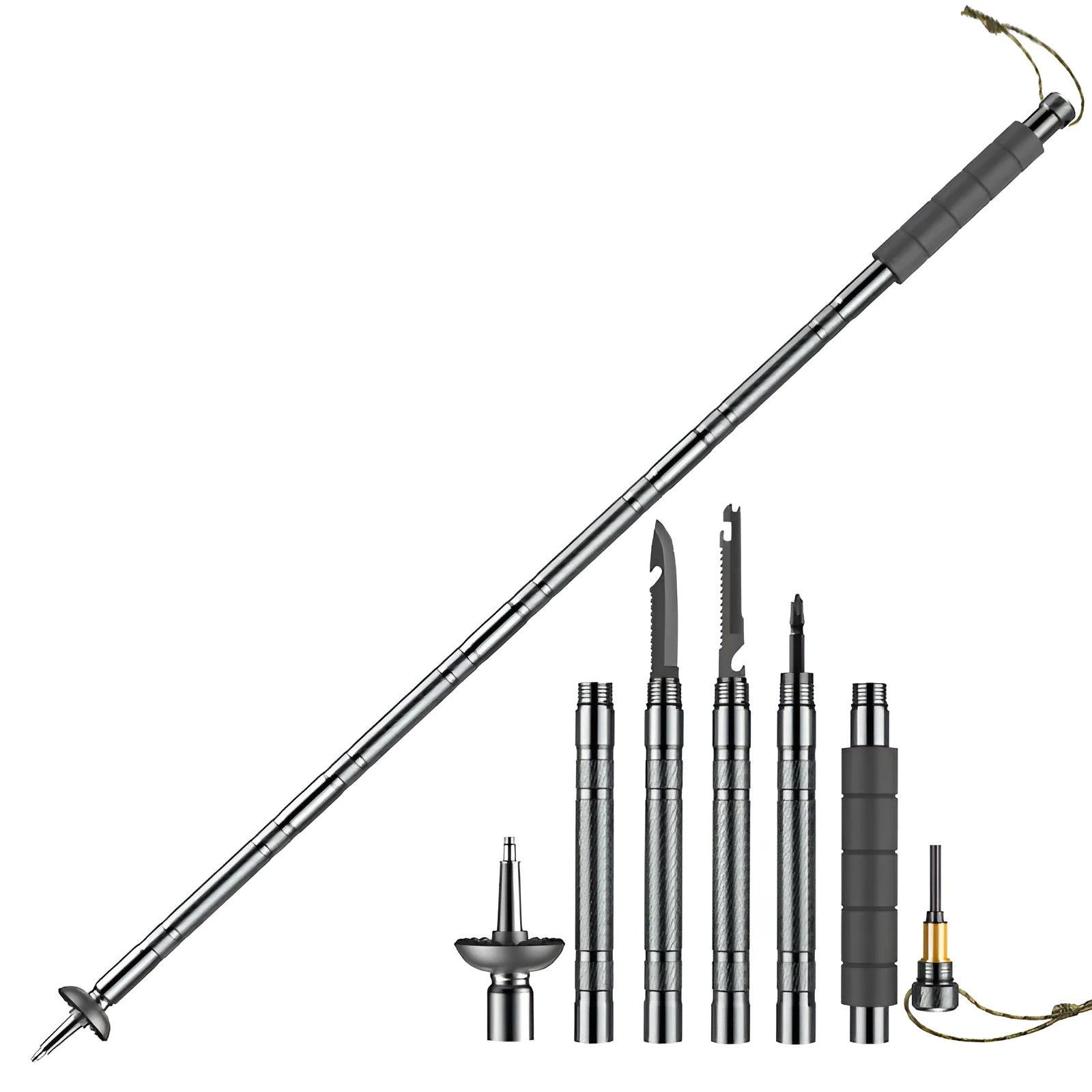 Dark grey aluminium alloy trekking pole with tactical knife and multi-tool accessories, adjustable from 106cm to 125cm
