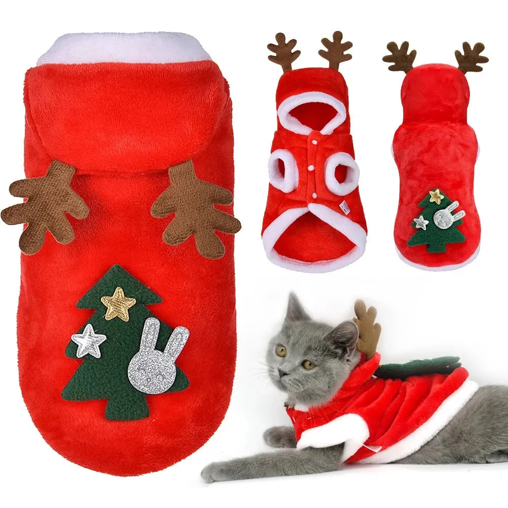Red flannel Santa dog costume for small dogs, with size options from XS to 2XL. Folded product shown on white background.