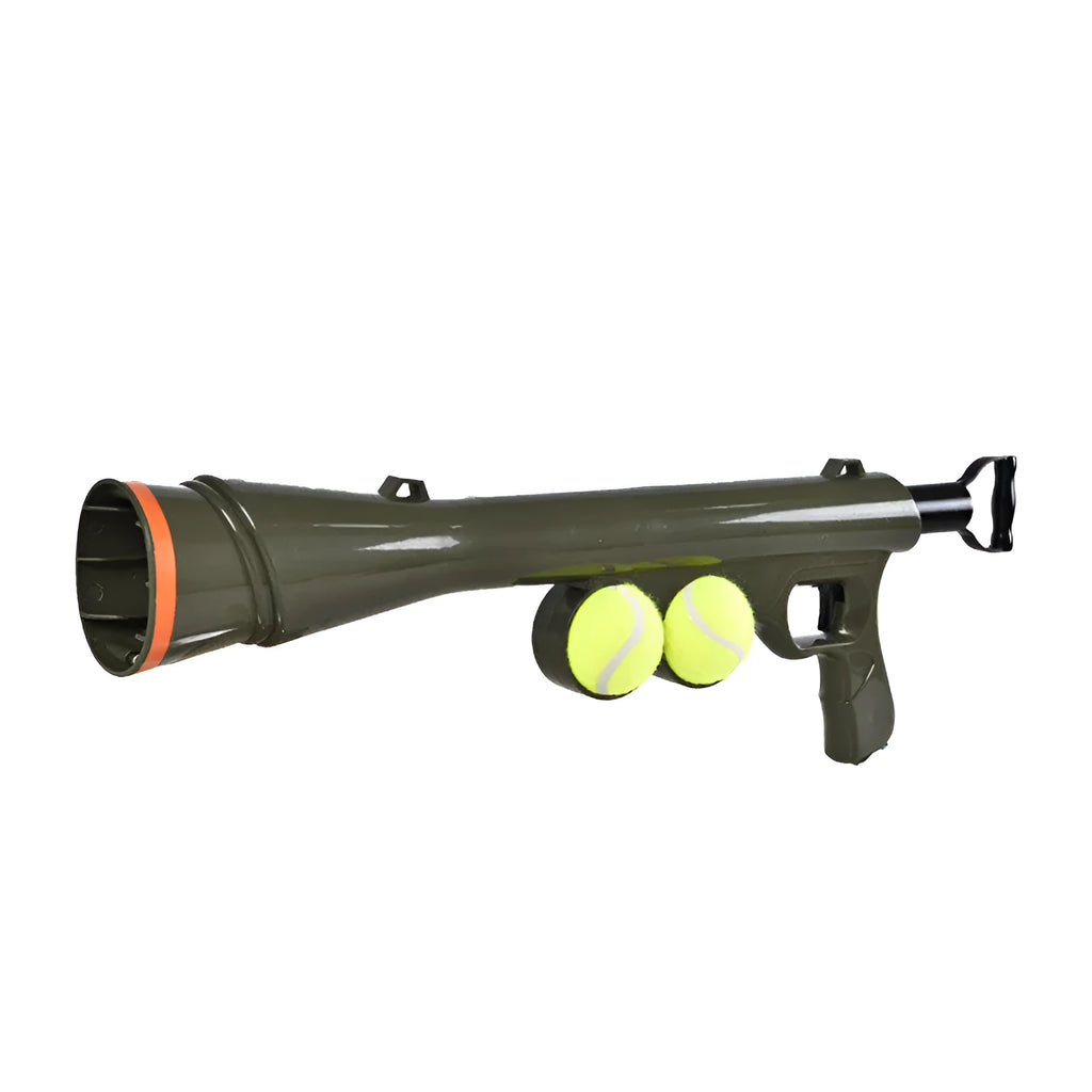 Black tennis ball launcher for dogs with two tennis balls, measuring 65.5cm long
