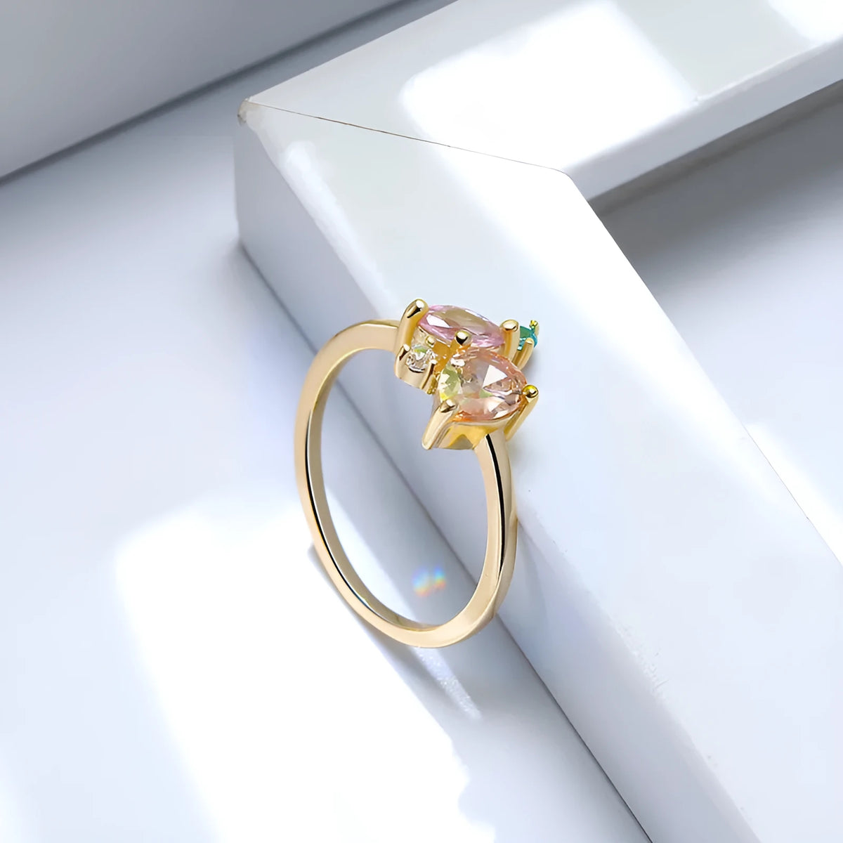 14K gold colour diamond coloured zircon ring for women, geometry style, sterling silver inlay, electroplated finish