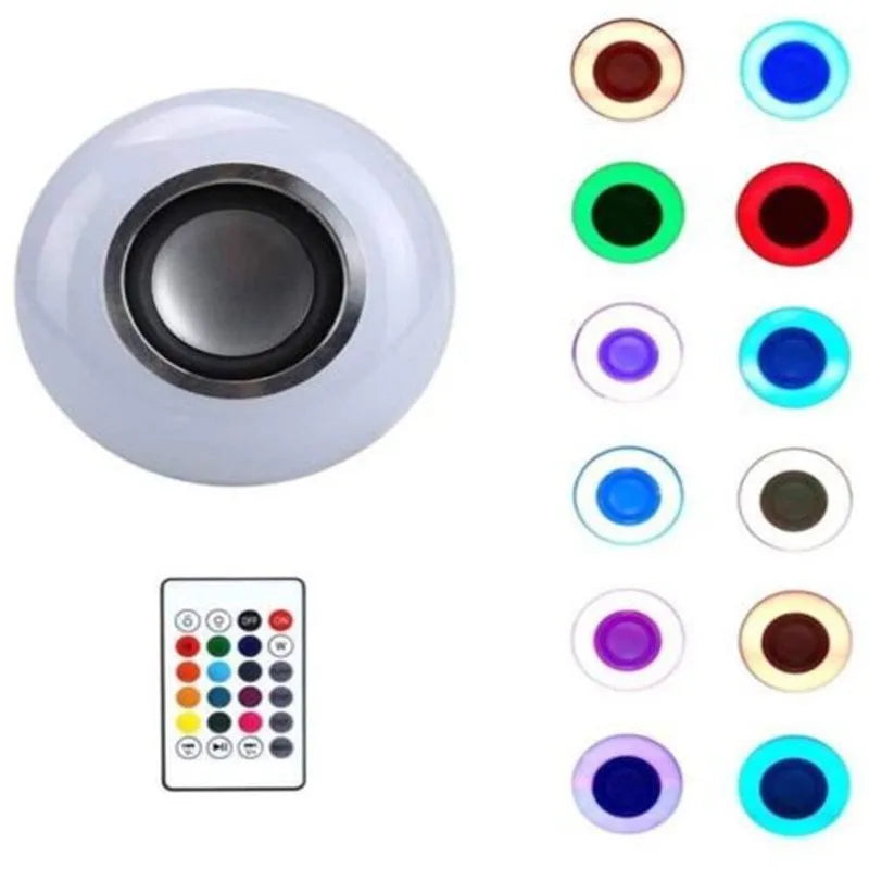 White Bluetooth speaker LED light bulb with E27 screw base for colour changing lighting and wireless audio.