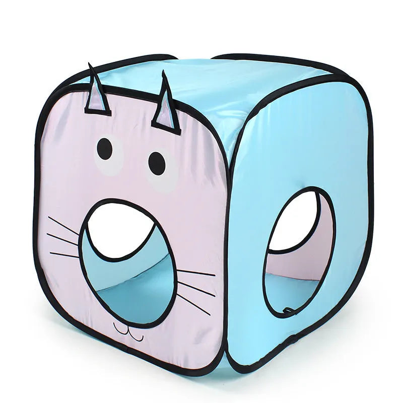 Foldable PP plastic cat tent and tunnel play set with cat and fish print design