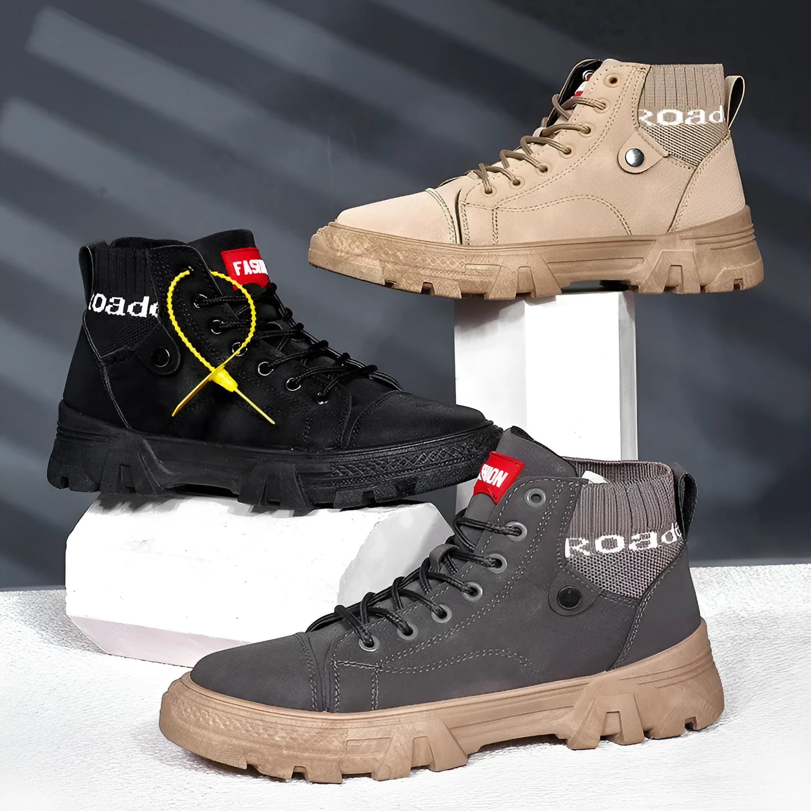 Men's high top Martin boots in Black, artificial PU upper, round toe, square low heel, front tie, casual style.
