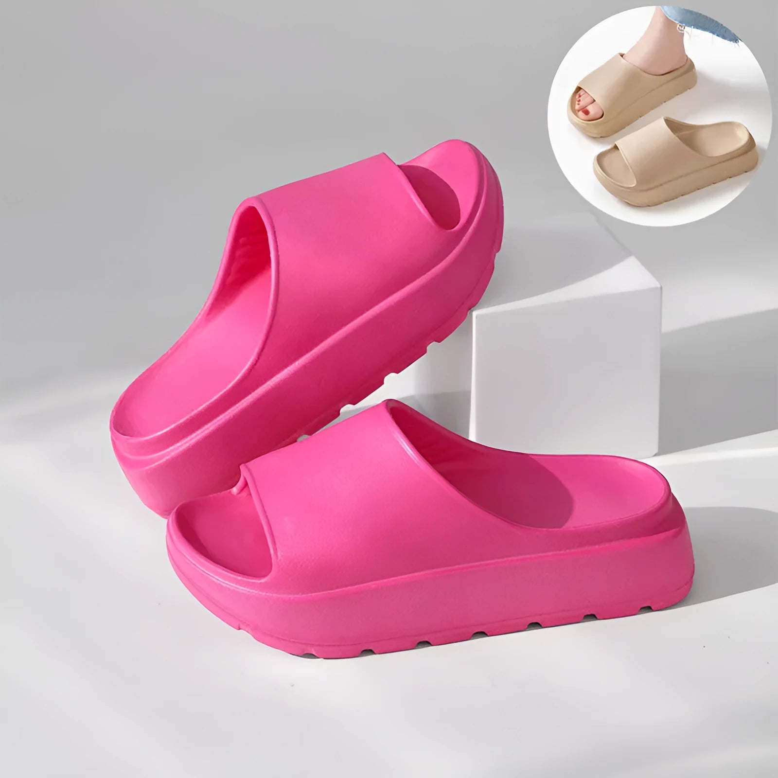 Women's beige fish mouth slippers with a thick 5.5cm EVA sole on a tiled floor.