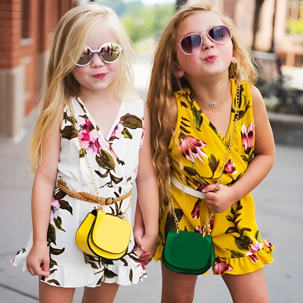 Cotton floral summer outfit for baby girls in white or yellow with sizing from 90cm to 130cm