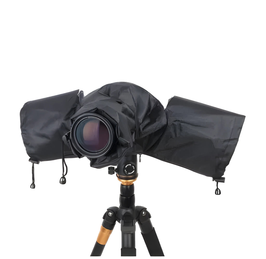 Single lens reflex camera rainproof cover with clear plastic window and zipper closure