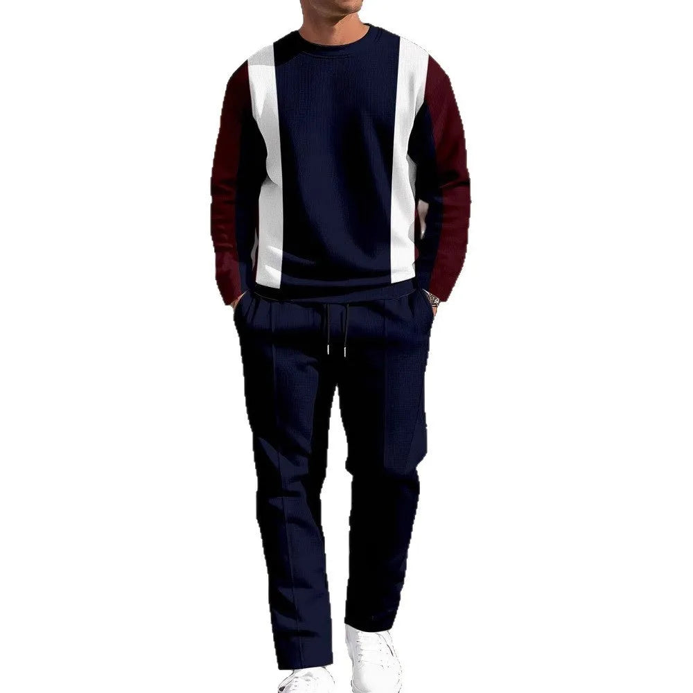 Men's casual sporty two-piece set with long-sleeve round-neck sweatshirt and long pants in blended fibre, sizes S-5XL