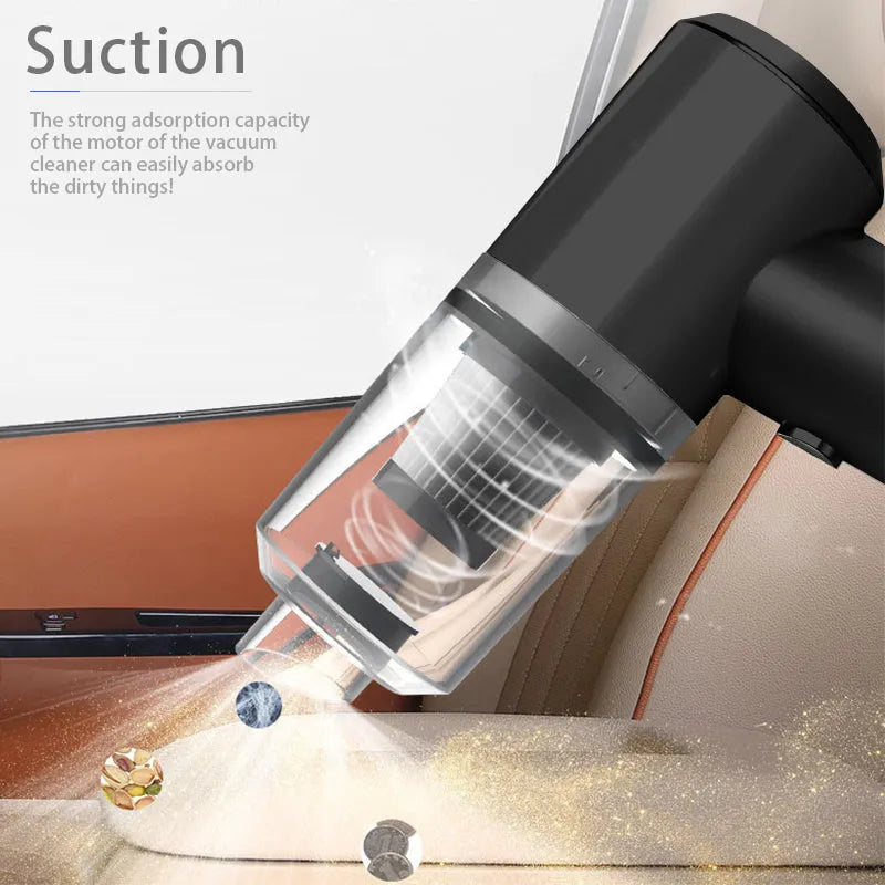 Black cordless handheld car vacuum cleaner on a car seat