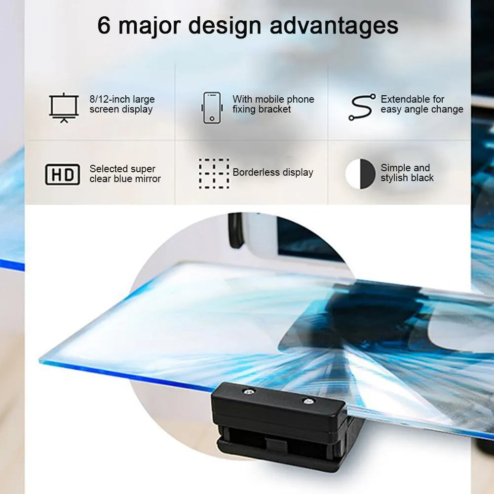 Black mobile phone screen amplifier with adjustable bracket showing 12-inch acrylic magnification lens