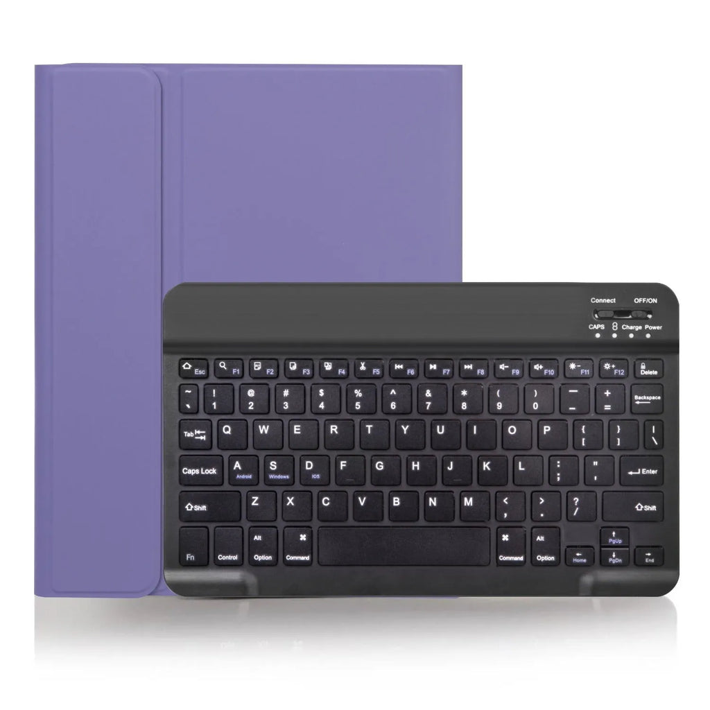 Portable Bluetooth wireless keyboard with a matching split leather protective case in green and black colour scheme.