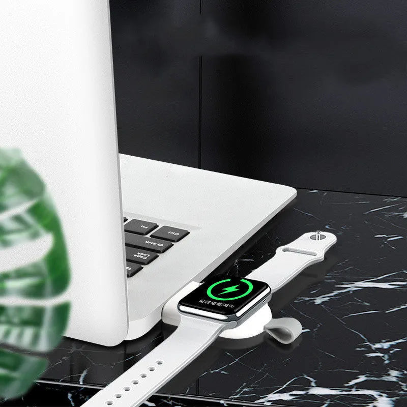 White magnetic wireless charger for Apple Watch with USB cable, 82 by 37 by 12mm