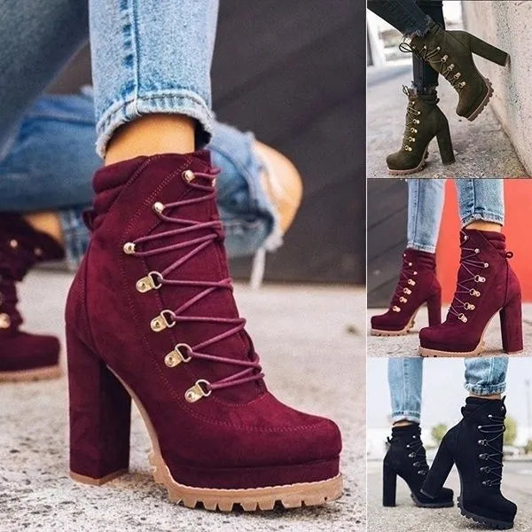 Women's suede high heel ankle boots with thick heel, round toe, and buckle detail in four colour options