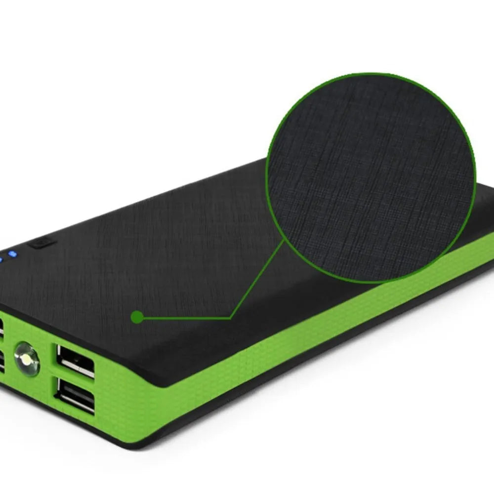 Blue coloured 20000mAh portable power bank with two USB output ports on a wooden surface.