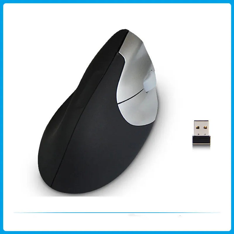 Black wireless vertical mouse with 2.4GHz USB connection, 1200dpi photoelectric sensor, three buttons, and full-size rat shape for desktop use.
