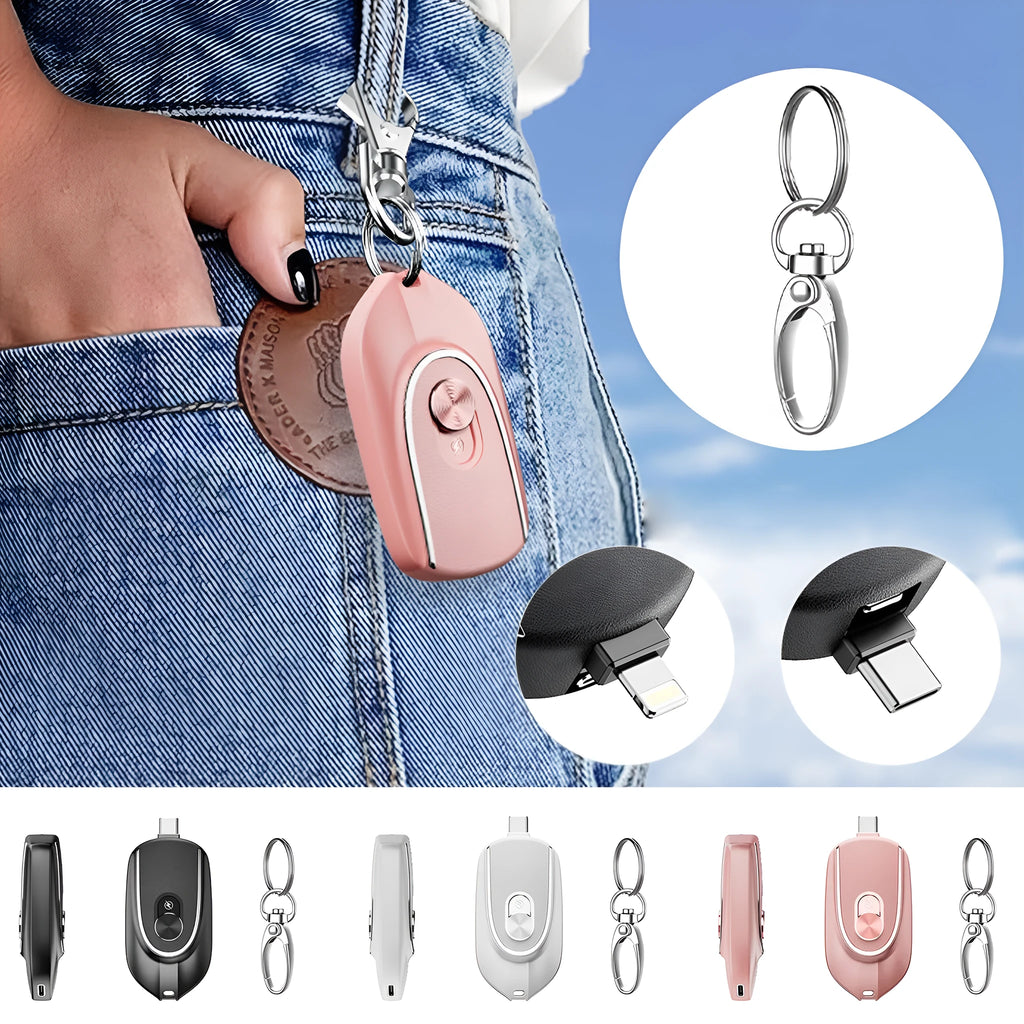 Black mini keychain power bank with Type-C and iPhone outputs, 1200mAh, hanging buckle, 71 x 19.5 x 38mm