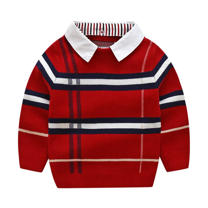 Boy wearing a navy blue plaid jacquard knit pullover sweater