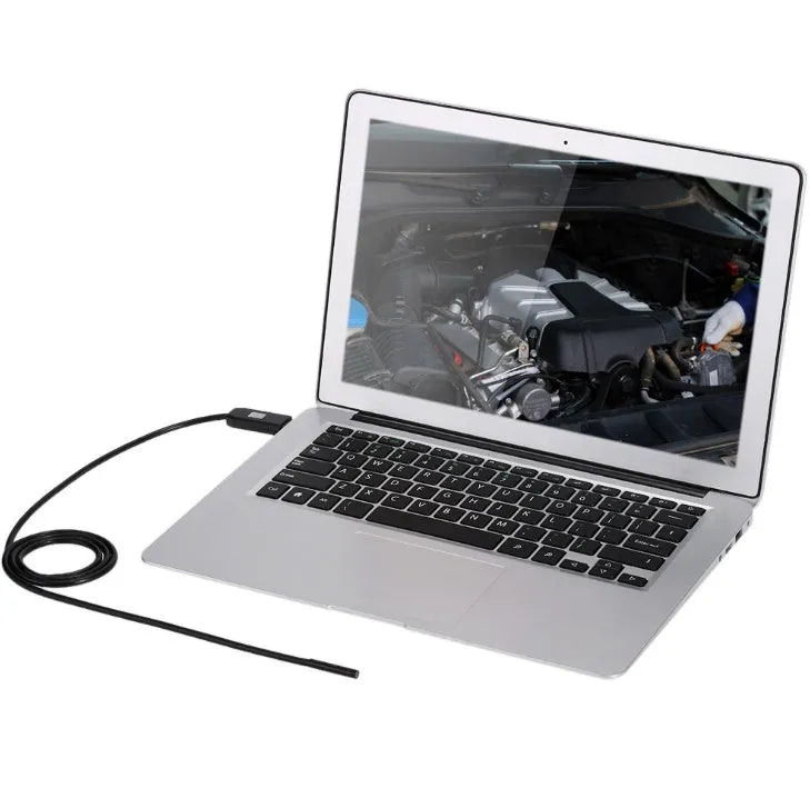 OWSOO USB endoscope camera with 7mm lens, 5m cable, hook, magnet, and side mirror accessories for phone and PC inspections.