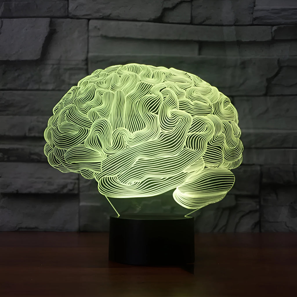 Brain-shaped 3D acrylic illusion desk lamp with colourful LED lights on a black ABS base.