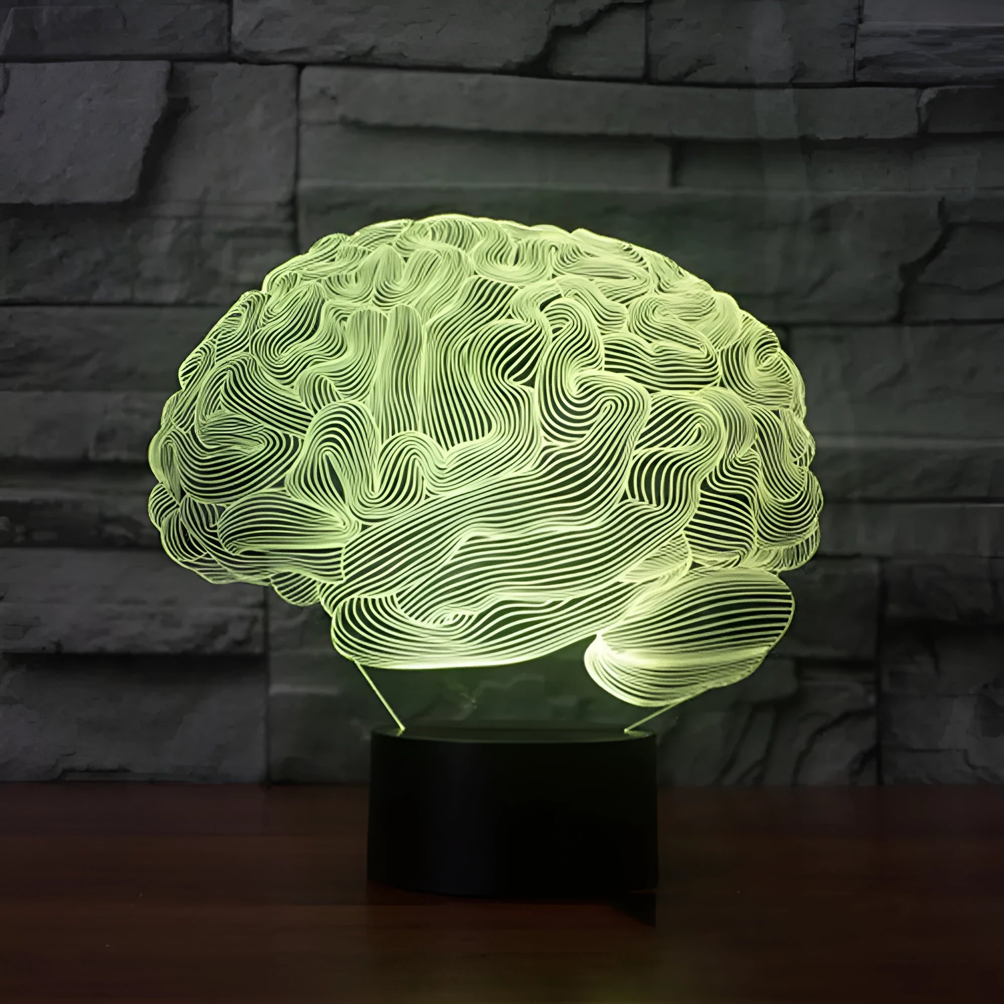 Brain-shaped 3D acrylic illusion desk lamp with colourful LED lights on a black ABS base.