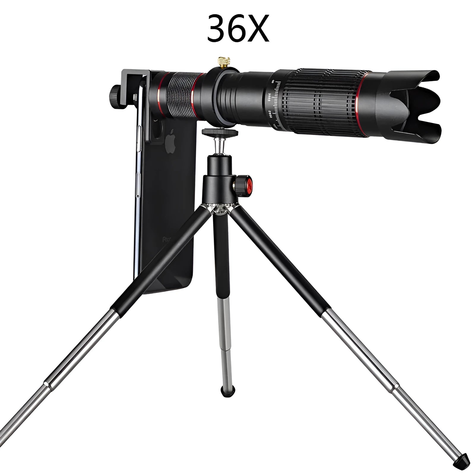 Black 36x telephoto telescope lens kit for mobile phones, packed in 22.5cm box.