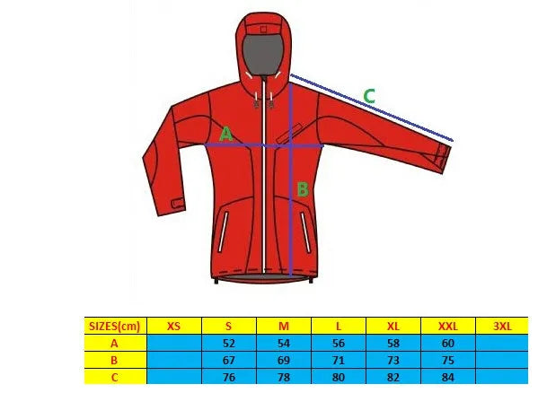 Mountaineering sport jacket in black, blue, and red, made of polyester, with full zip and stand collar
