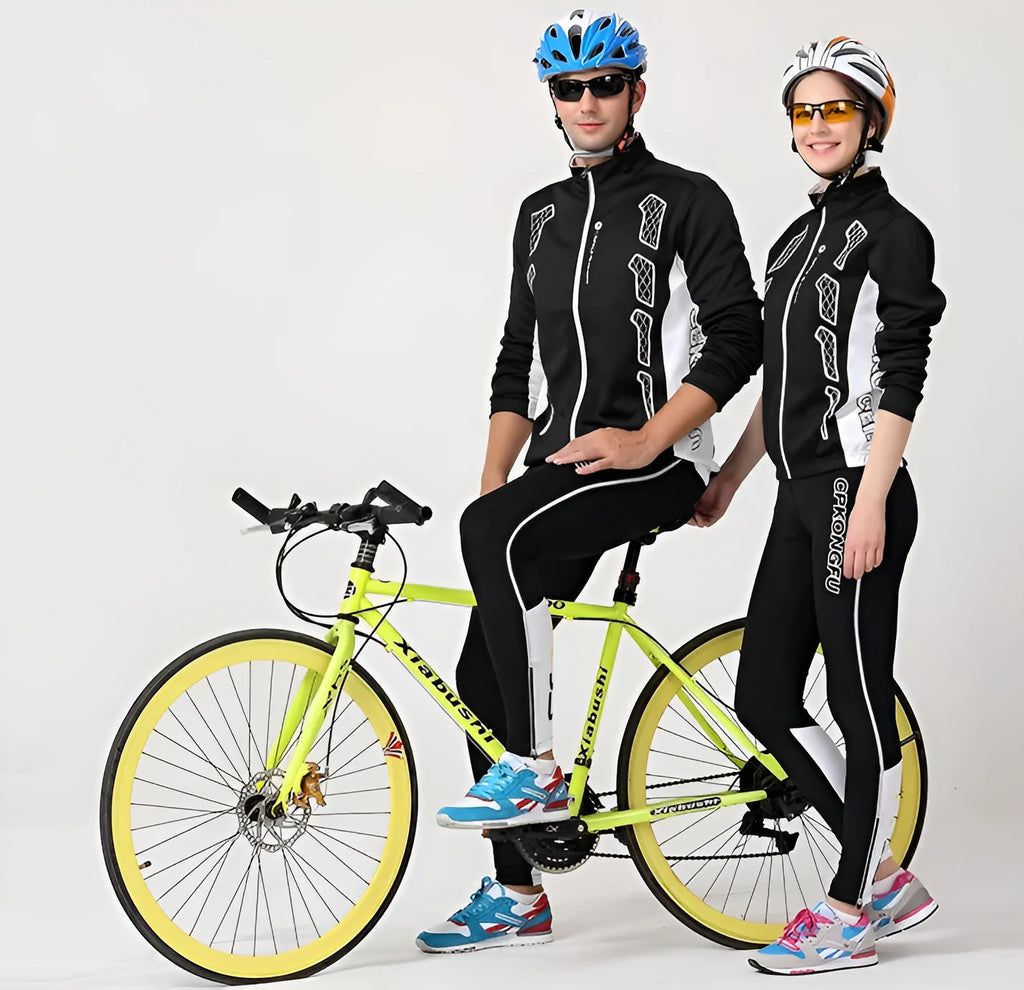 Long-sleeved polyester cycling suit for men and women in black or yellow, with jersey and trousers, sizes M to XXL