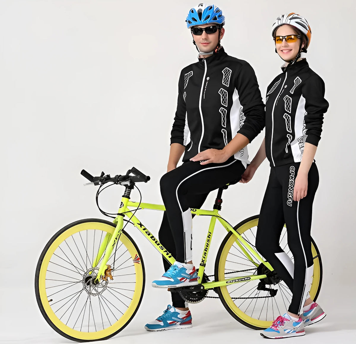 Long-sleeved polyester cycling suit for men and women in black or yellow, with jersey and trousers, sizes M to XXL