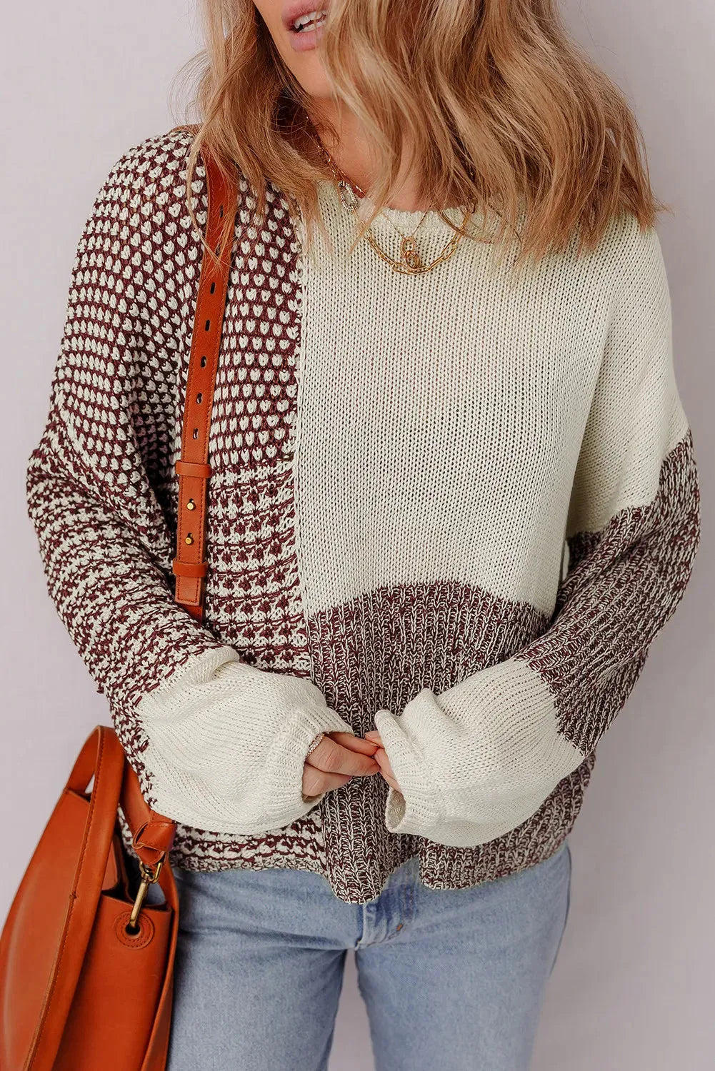 Dark khaki colour block women's loose sweater with drop shoulders and a back tie fastening.