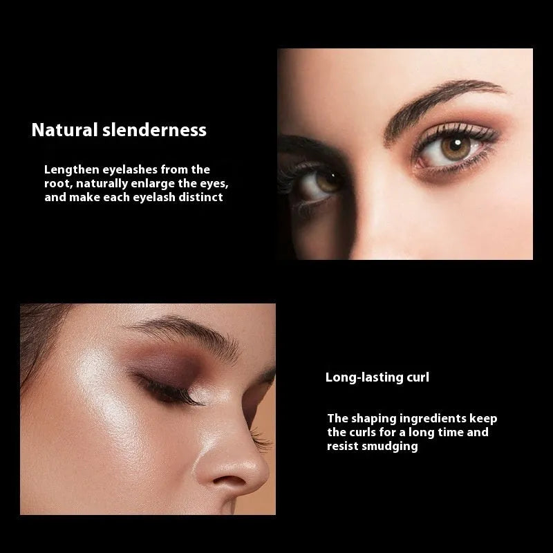 Black waterproof mascara product showing 4D long thick curling effect on lashes