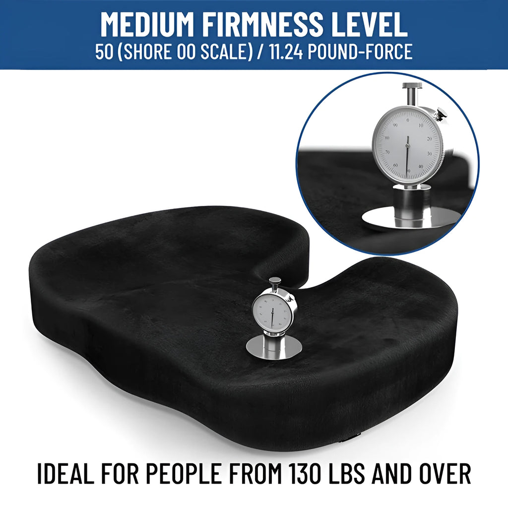 Black flannel U-shaped memory foam office seat cushion measuring 46x36x7cm