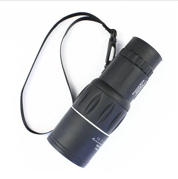 Black 16x52 monocular telescope showing compact 145mm size with 52mm objective lens and eyepiece adjustment
