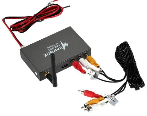 Black car mirror link box Wi-Fi converter with AV cable, power cable, and antenna for smartphone screen mirroring.