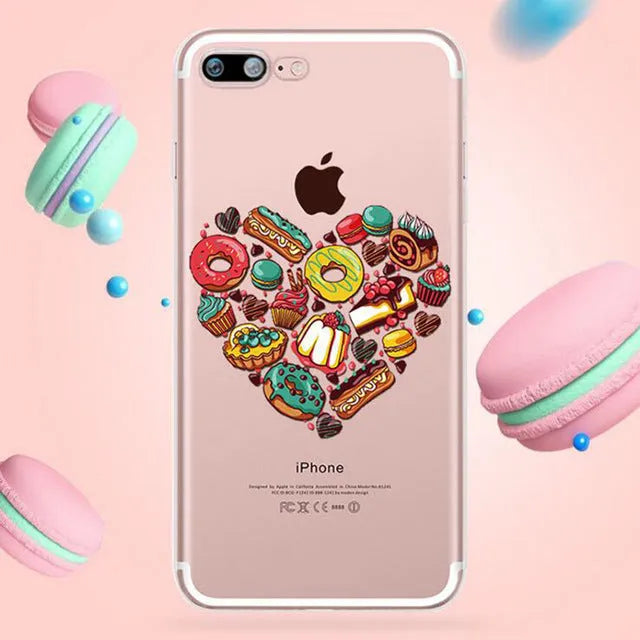 Clear transparent TPU phone case with example custom print on back, showing phone model cutouts.