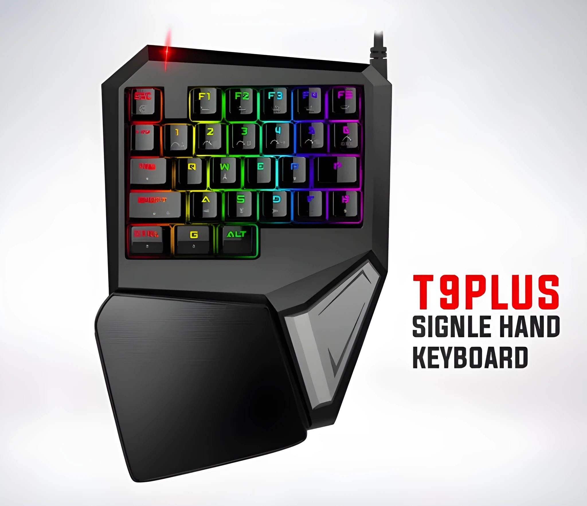 T9PLUS single-handed gaming keyboard with 29 mechanical keys, wrist support, and 10 backlighting effects