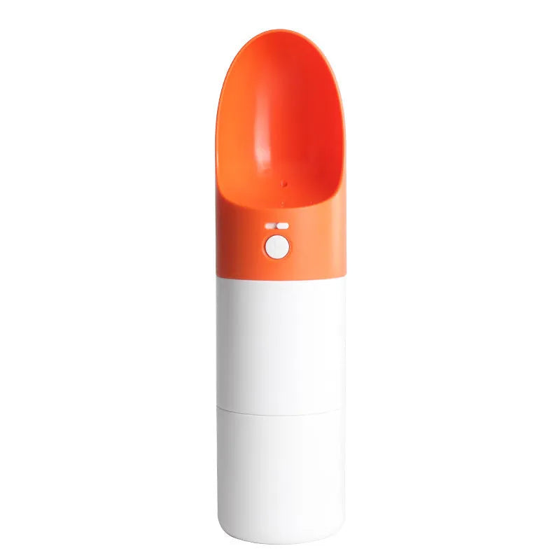 Moestar rocket-shaped pet drinking cup in white with grey or orange accents showing one-button lock mechanism