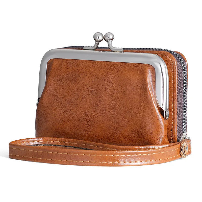 Round ladies coin purse with snap fastener and detachable metal clip, shown in assorted colours.