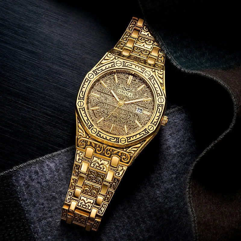 ONOLA vintage carved men's watch with golden alloy case, alloy steel band, 41.5mm dial, and butterfly buckle