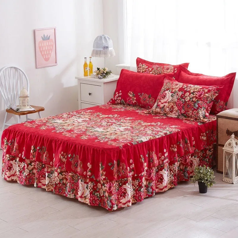 Bilateral pure cotton bed skirt set in blue with even drape on both sides of a Simmons bed