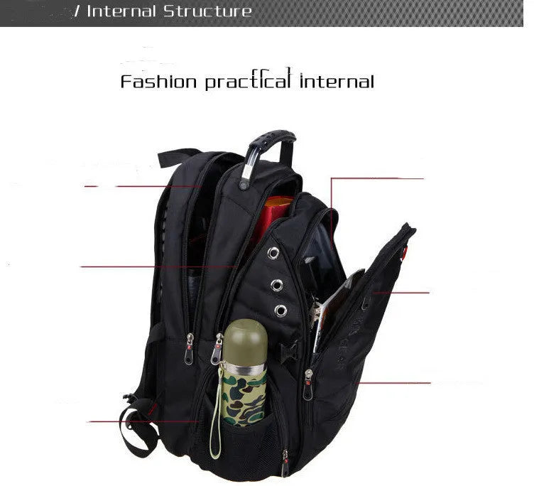 Black polyester travel outdoor backpack with shoulder pad, hard handle and metal element
