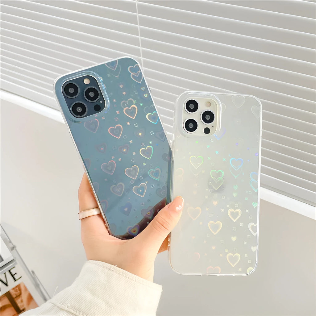 Laser colourful love pattern on a transparent silicone iPhone case for iPhone 13 Pro.