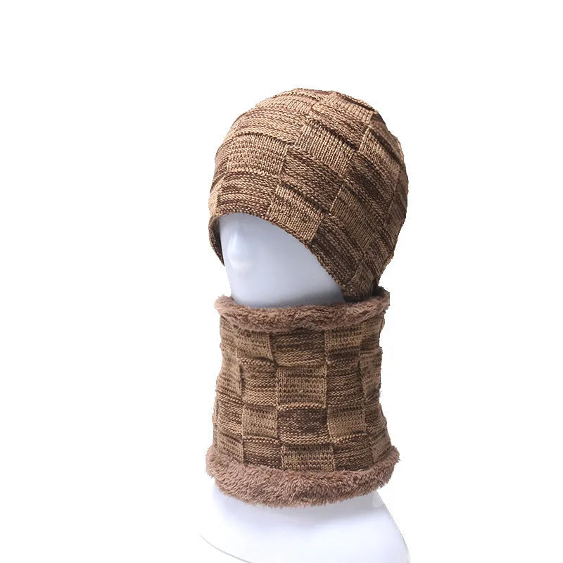 Wool knit hat and collar set in Black, Grey, Khaki, Navy and Wine Red with unisex warp knit design
