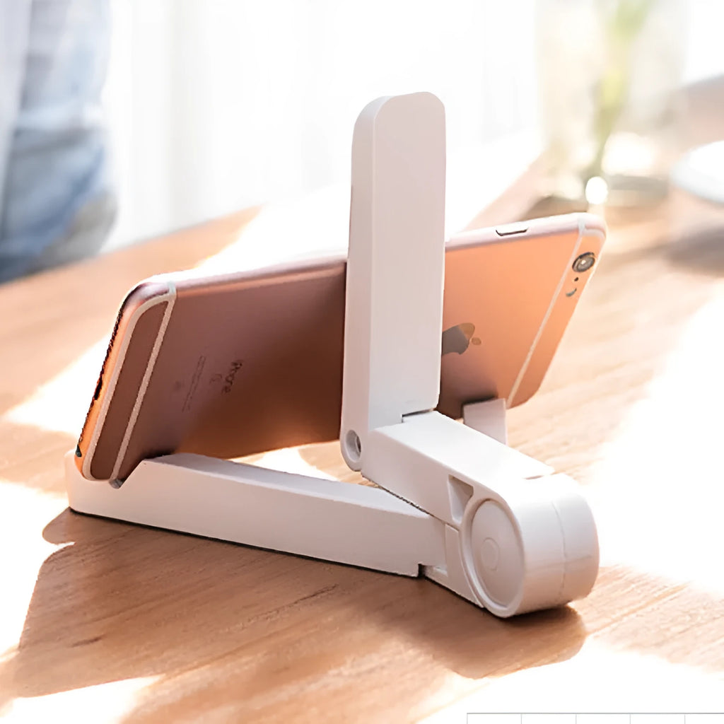 Foldable aluminium tablet holder stand in black showing portrait and landscape phone positioning