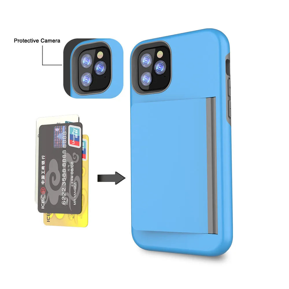 A solid colour mobile phone case for iPhone 11 series, shown in black, red, pink, blue, dark blue, and purple colour options.