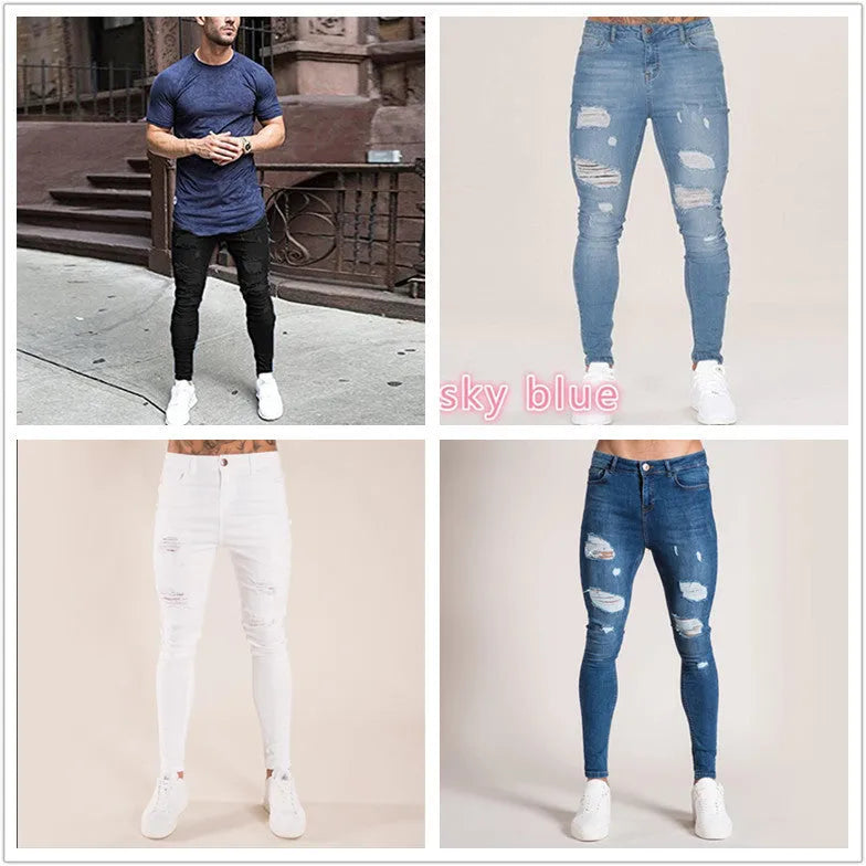 Men's high waist washed cotton denim pencil pants in black, skinny fit with zipper fly