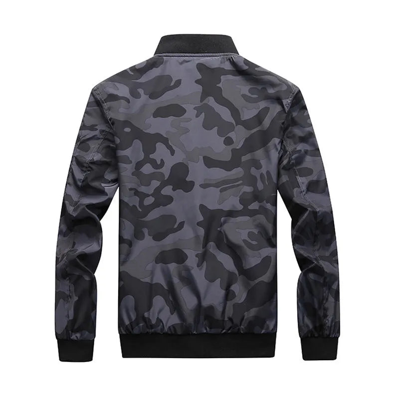 Men's camouflage bomber jacket with stand collar, zip front, long sleeves, and welt pockets in army green or dark grey