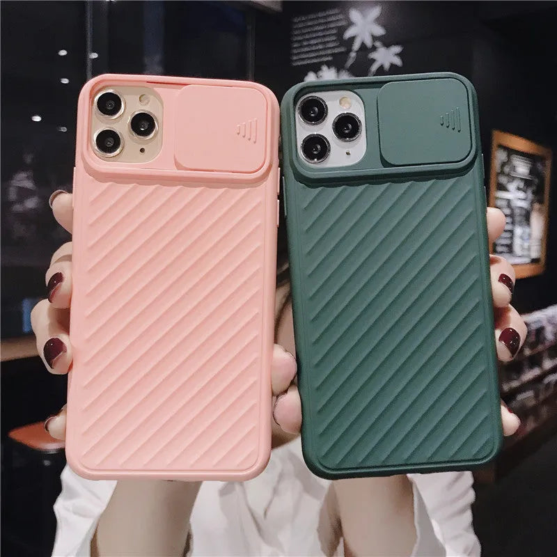 Soft TPU iPhone case with slide camera lens protector and matte back cover in black, green and blue