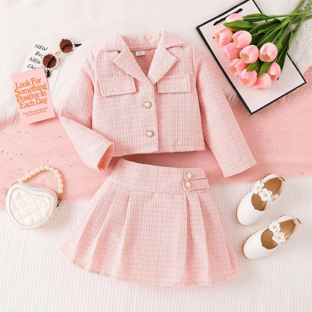 Girls' pink cotton long-sleeved coat and mid-waist skirt two-piece set, sizes 4Y-7Y